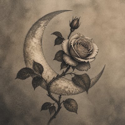 a rose entwined with a crescent moon, clean balanced composition on a plain background, no text