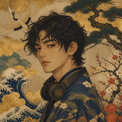 head-and-shoulders portrait of an original character: a young man with curly dark hair and headphones around his neck, plain backdrop, no text
