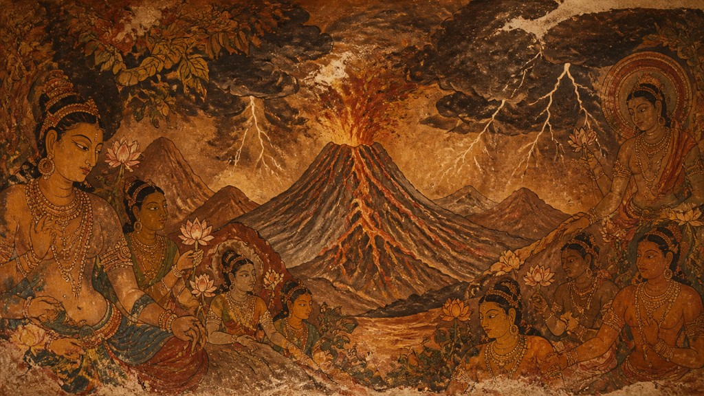 an erupting volcano with lightning strikes, dramatic wide composition, no text
