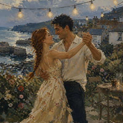 an original couple dancing under string lights in a garden at dusk: a man with short black hair in a linen shirt and a woman with braided red hair in a summer dress