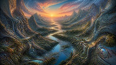 a vast valley with a river winding toward distant mountains at sunrise, no people, no text