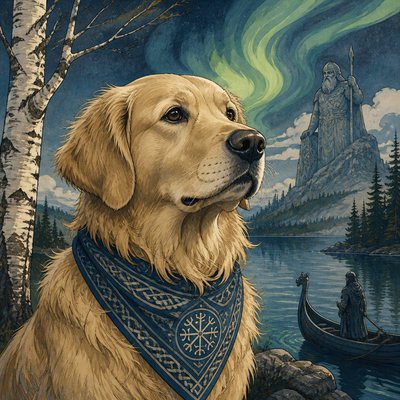 portrait of a golden retriever wearing a blue bandana, warm plain backdrop, no text