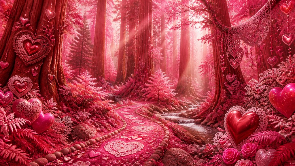 a panoramic redwood forest with light rays through mist, no people