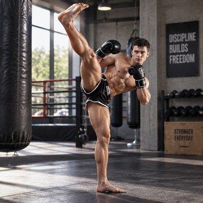 a man doing a kickbox kick in a gym