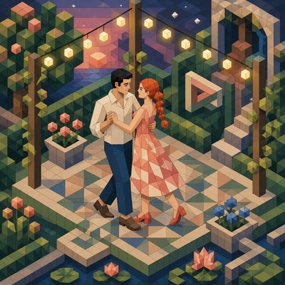 an original couple dancing under string lights in a garden at dusk: a man with short black hair in a linen shirt and a woman with braided red hair in a summer dress
