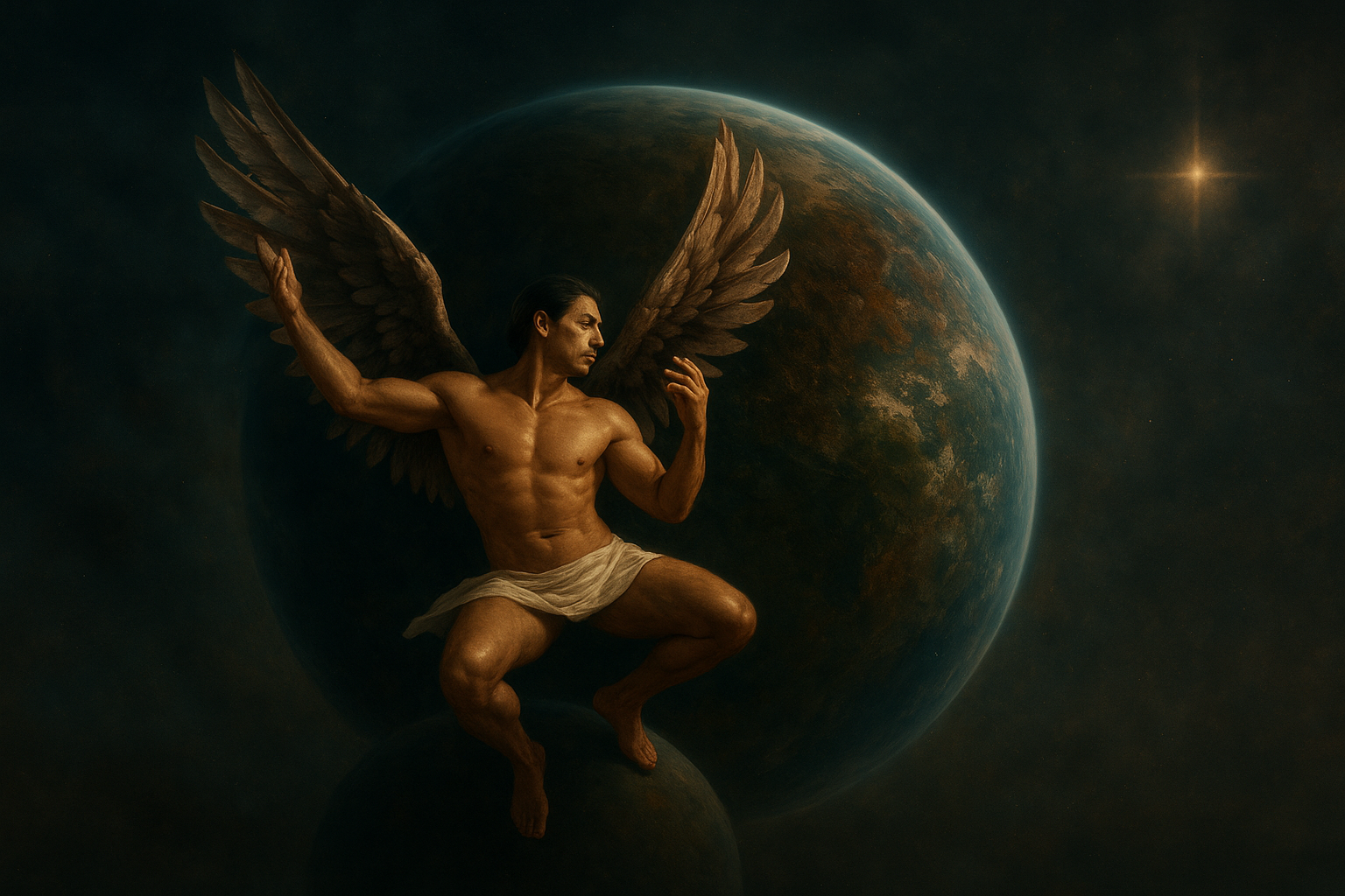 a painting of a man with wings sitting on a globe