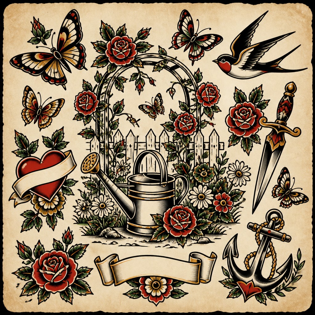 a garden scene with butterflies, flowers and a watering can, clean uncolored line art, no text