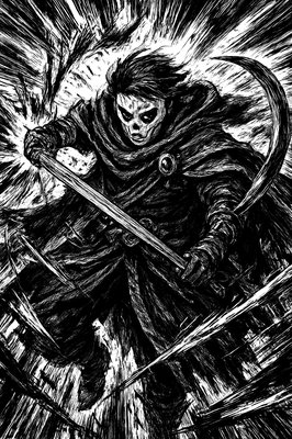 a black and white drawing of a person holding a sword