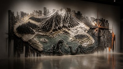 a map of an island realm with mountains, forests, a sheltered bay, sea monsters in the water and a compass rose, no text labels