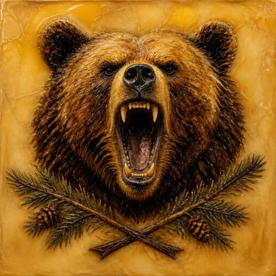 a roaring bear head above crossed pine branches, bold graphic composition on a plain background, no text