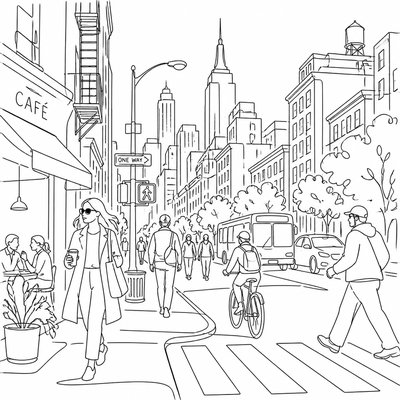 urban street with city activity — Line Art Style