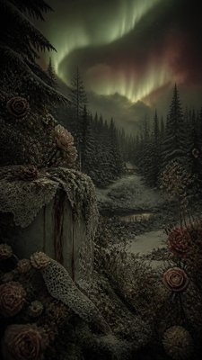 a snowy pine forest under the northern lights, no people
