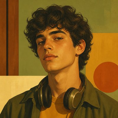 head-and-shoulders portrait of an original character: a young man with curly dark hair and headphones around his neck, plain backdrop, no text
