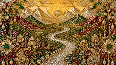 a vast valley with a river winding toward distant mountains at sunrise, no people, no text
