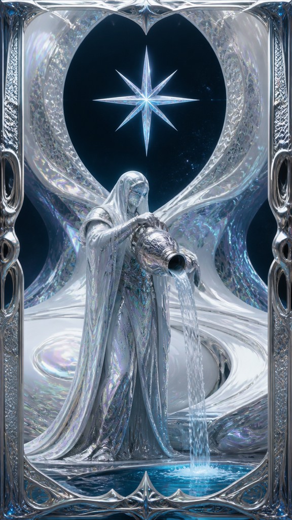 a robed figure pouring water beneath a large eight-pointed star in a night sky, symmetrical composition with an ornate decorative border, no text