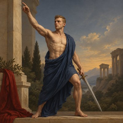 a painting of a man with a sword