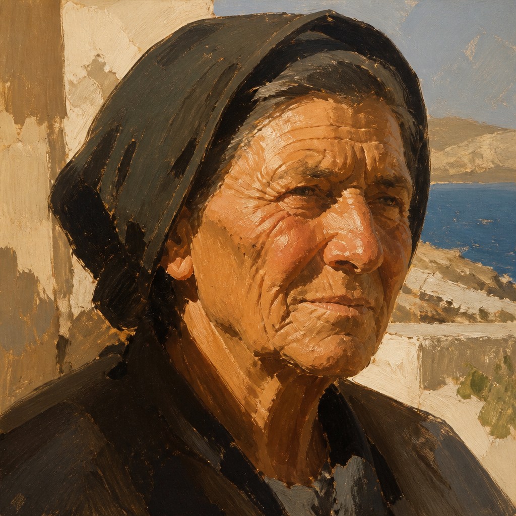 close-up portrait of an elderly person with expressive weathered features — Macchiaioli Art Style