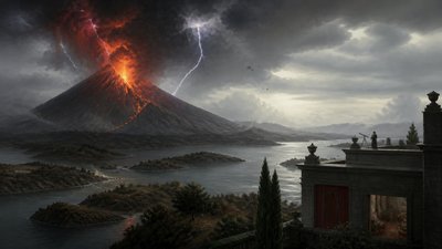 an erupting volcano with lightning strikes, dramatic wide composition, no text