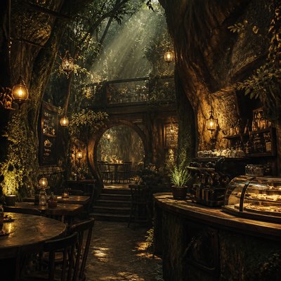 cozy cafe interior with warm lighting