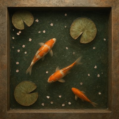A koi pond seen from above, orange and white koi fish swimming among lily pads, clear water with subtle ripples, fallen cherry blossom petals floating on the surface, dappled sunlight