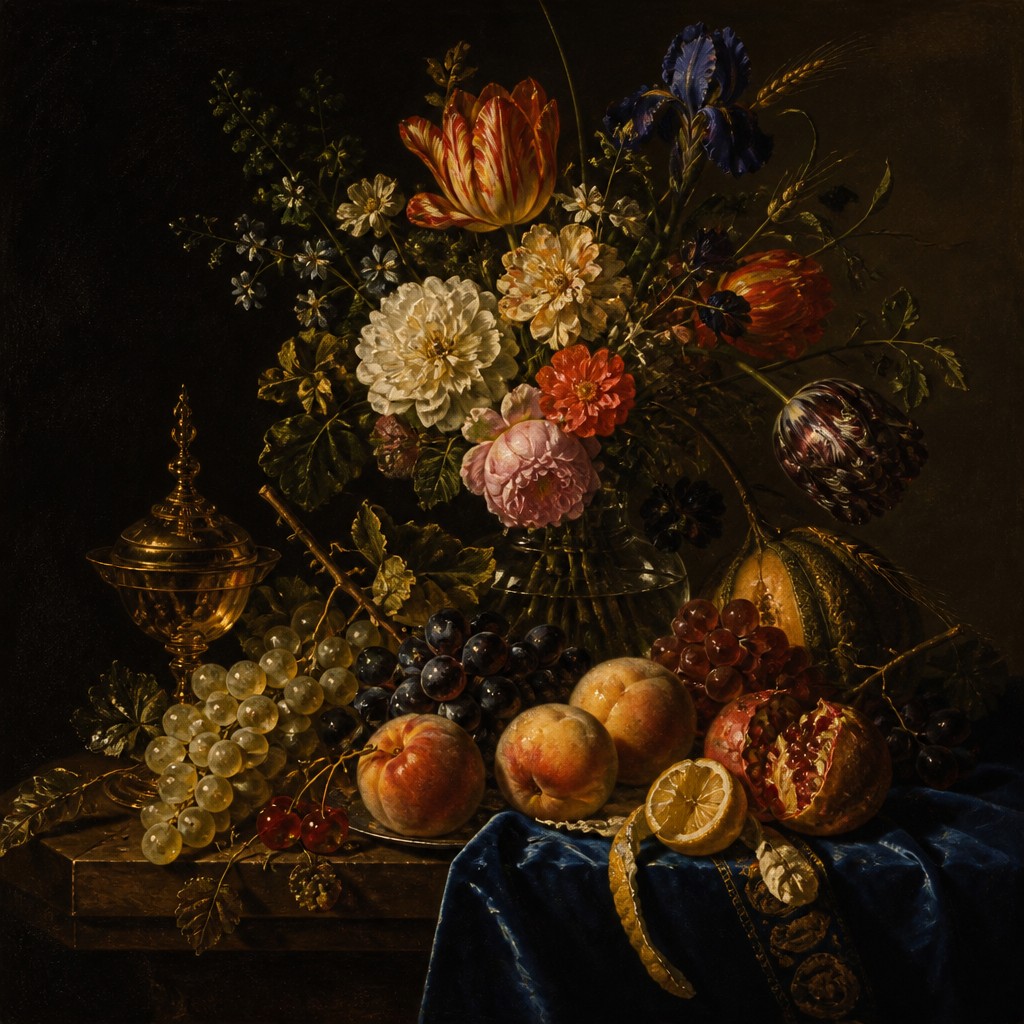 still life arrangement of fruits and flowers