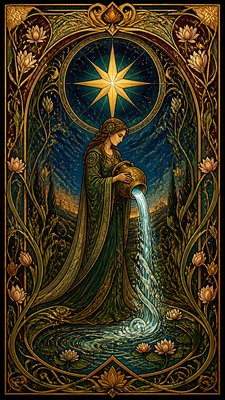 a robed figure pouring water beneath a large eight-pointed star in a night sky, symmetrical composition with an ornate decorative border, no text