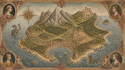 a map of an island realm with mountains, forests, a sheltered bay, sea monsters in the water and a compass rose, no text labels