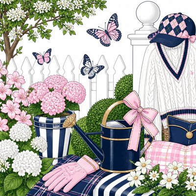 a garden scene with butterflies, flowers and a watering can, clean uncolored line art, no text