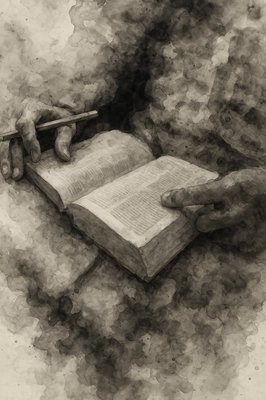 a drawing of a person holding a book and a pen
