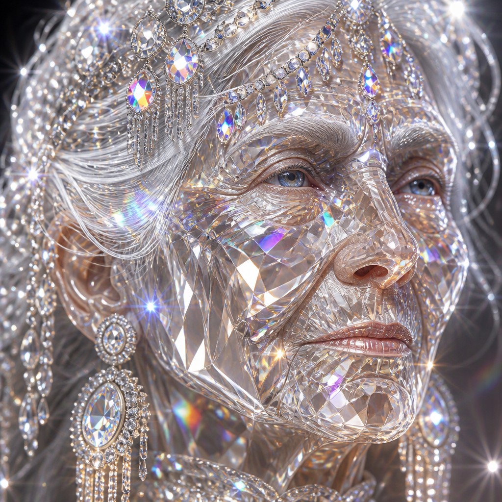 close-up portrait of an elderly person with expressive weathered features — Crystal Jewelry Style