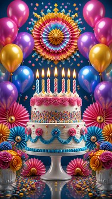 a birthday cake with lit candles surrounded by balloons and confetti, festive vertical composition, no text