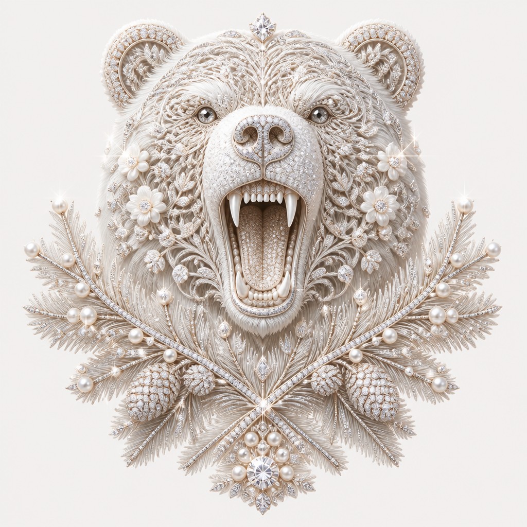 a roaring bear head above crossed pine branches, bold graphic composition on a plain background, no text