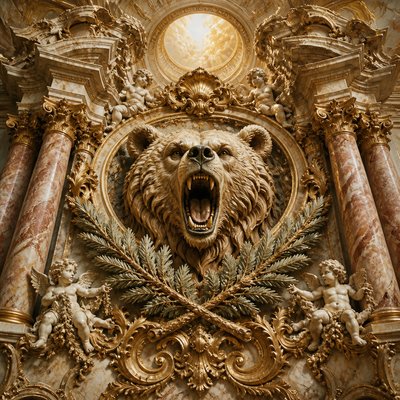 a roaring bear head above crossed pine branches, bold graphic composition on a plain background, no text