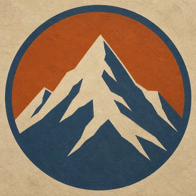 an emblem of a mountain peak inside a circle, simple bold shapes on a plain background, no text or lettering