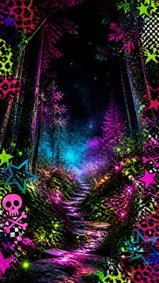 a mysterious forest path with fireflies and drifting mist, atmospheric vertical composition with open space at the top, no text