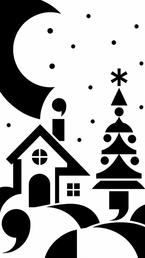 a snow-covered cottage with warm glowing windows beside a decorated pine tree, gentle snowfall, no text