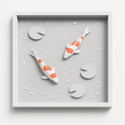 A koi pond seen from above, orange and white koi fish swimming among lily pads, clear water with subtle ripples, fallen cherry blossom petals floating on the surface, dappled sunlight