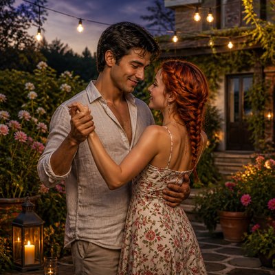 an original couple dancing under string lights in a garden at dusk: a man with short black hair in a linen shirt and a woman with braided red hair in a summer dress