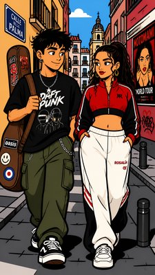 The scene shows two young musicians—a boy carrying a guitar and a girl who looks like ROSALIA—WALKING DOWN A STREET IN A CITY