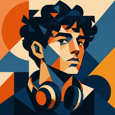 head-and-shoulders portrait of an original character: a young man with curly dark hair and headphones around his neck, plain backdrop, no text