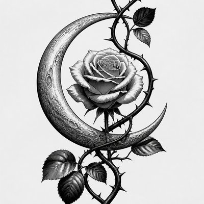 a rose entwined with a crescent moon, clean balanced composition on a plain background, no text