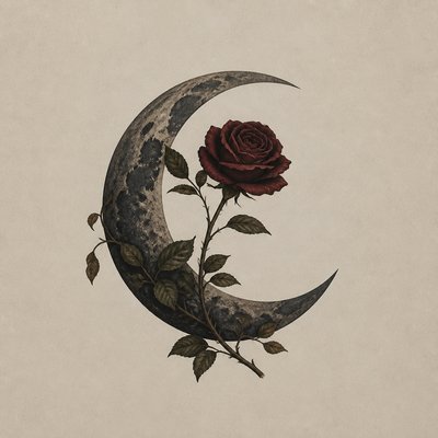 a rose entwined with a crescent moon, clean balanced composition on a plain background, no text