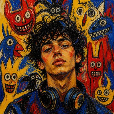 head-and-shoulders portrait of an original character: a young man with curly dark hair and headphones around his neck, plain backdrop, no text