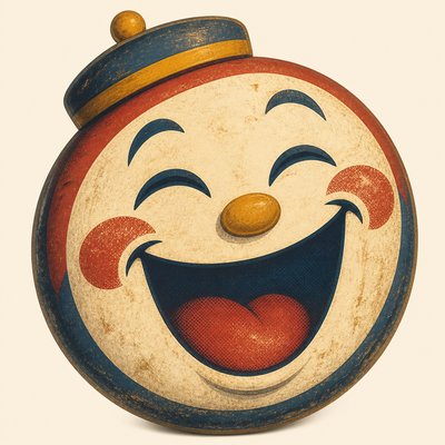 an exaggerated laughing face of an original round mascot character, bold and readable at small size, plain background, no text