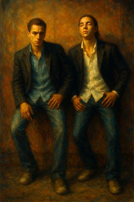 a painting of two men sitting next to each other