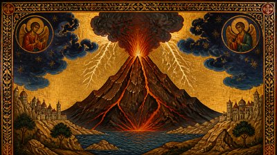 an erupting volcano with lightning strikes, dramatic wide composition, no text