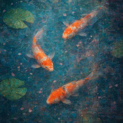 A koi pond seen from above, orange and white koi fish swimming among lily pads, clear water with subtle ripples, fallen cherry blossom petals floating on the surface, dappled sunlight
