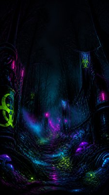 a mysterious forest path with fireflies and drifting mist, atmospheric vertical composition with open space at the top, no text