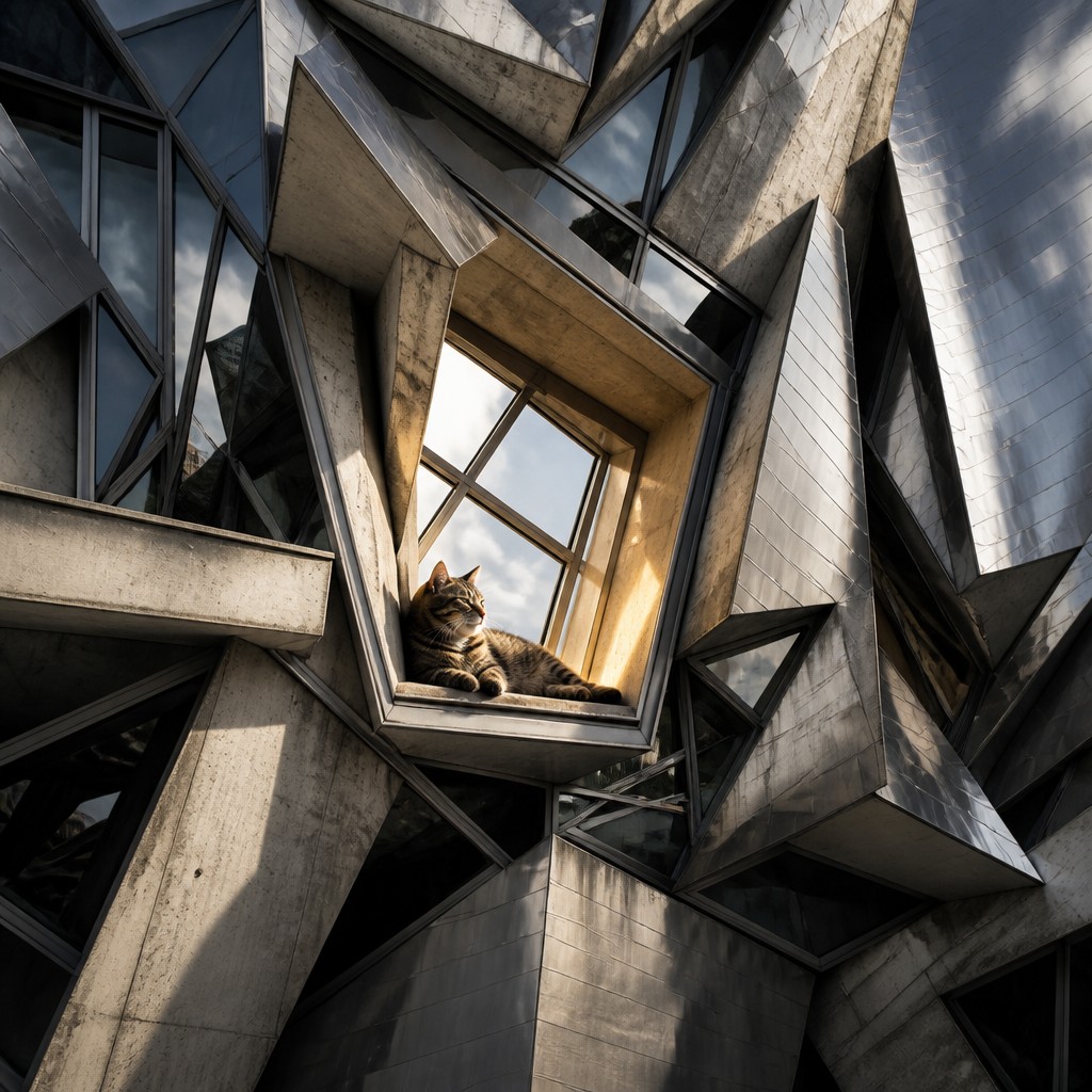 a cat lounging in a sunlit window — Deconstructivist Architecture