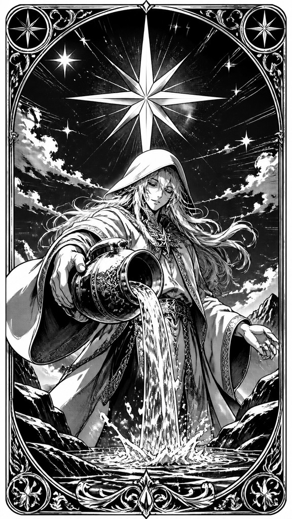 a robed figure pouring water beneath a large eight-pointed star in a night sky, symmetrical composition with an ornate decorative border, no text